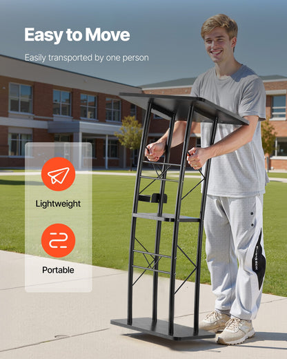 Podium Stand, 1180 mm Metal Lectern, Curved Standing Podium with Wide Reading Surface, Open Storage Compartment, Book Stopper, Cup Holder, for Classroom, Wedding, Conference, Speech, Concert