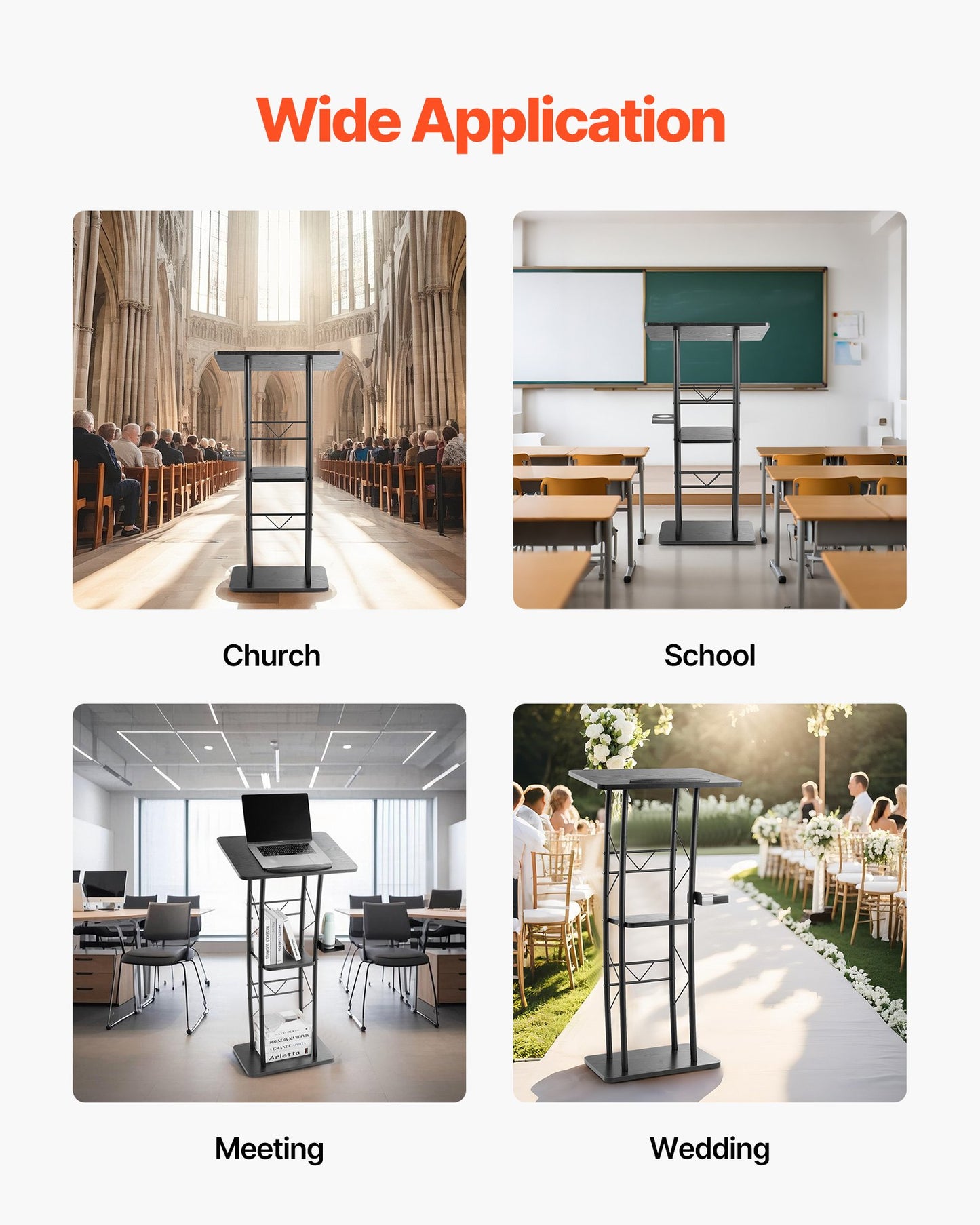 Podium Stand, 1180 mm Metal Lectern, Curved Standing Podium with Wide Reading Surface, Open Storage Compartment, Book Stopper, Cup Holder, for Classroom, Wedding, Conference, Speech, Concert