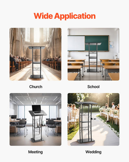 Podium Stand, 1180 mm Metal Lectern, Curved Standing Podium with Wide Reading Surface, Open Storage Compartment, Book Stopper, Cup Holder, for Classroom, Wedding, Conference, Speech, Concert