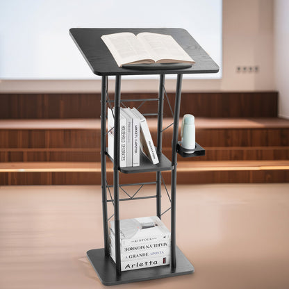 Podium Stand, 1180 mm Metal Lectern, Curved Standing Podium with Wide Reading Surface, Open Storage Compartment, Book Stopper, Cup Holder, for Classroom, Wedding, Conference, Speech, Concert