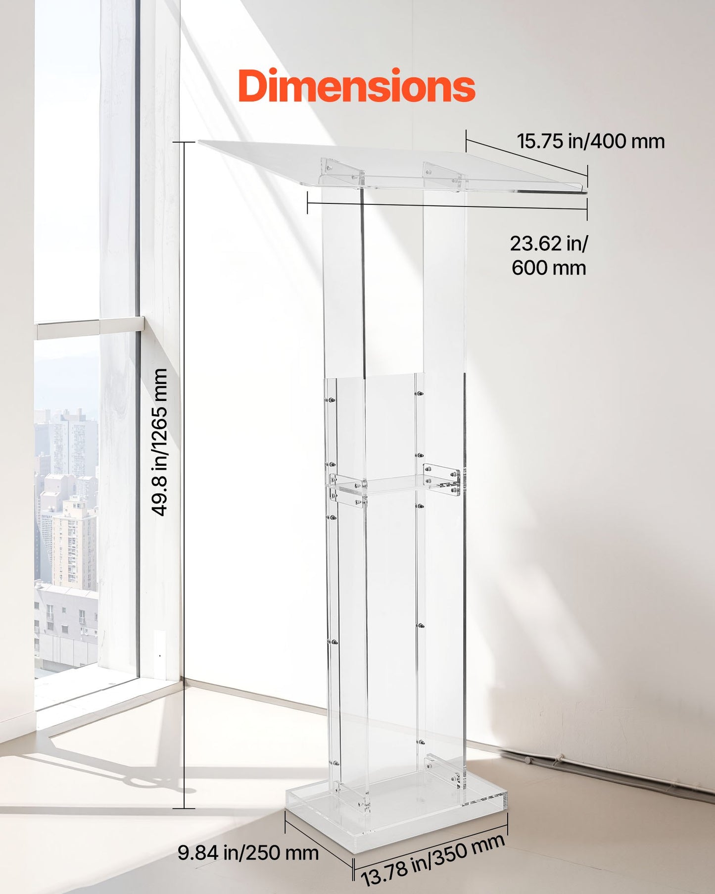 Podium Stand, 1265 mm Acrylic Lectern, Portable Laptop Desk with Wide Reading Surface and Storage Shelf, Book Stopper, Floor-Standing, for Classroom, Wedding, Conference, Lecture and Concert