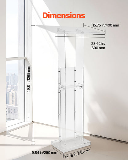 Podium Stand, 1265 mm Acrylic Lectern, Portable Laptop Desk with Wide Reading Surface and Storage Shelf, Book Stopper, Floor-Standing, for Classroom, Wedding, Conference, Lecture and Concert