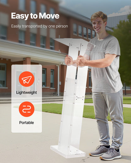 Podium Stand, 1265 mm Acrylic Lectern, Portable Laptop Desk with Wide Reading Surface and Storage Shelf, Book Stopper, Floor-Standing, for Classroom, Wedding, Conference, Lecture and Concert