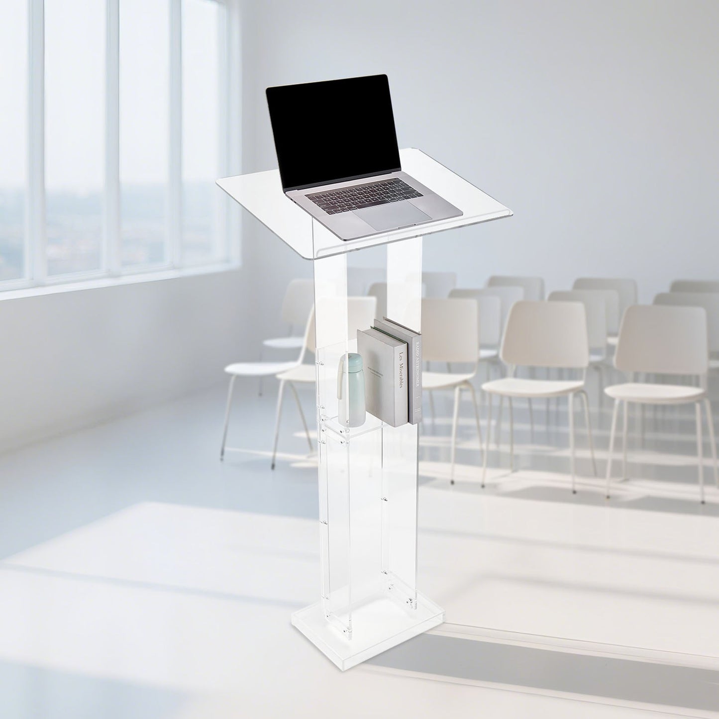 Podium Stand, 1265 mm Acrylic Lectern, Portable Laptop Desk with Wide Reading Surface and Storage Shelf, Book Stopper, Floor-Standing, for Classroom, Wedding, Conference, Lecture and Concert