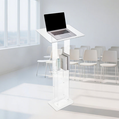 Podium Stand, 1265 mm Acrylic Lectern, Portable Laptop Desk with Wide Reading Surface and Storage Shelf, Book Stopper, Floor-Standing, for Classroom, Wedding, Conference, Lecture and Concert