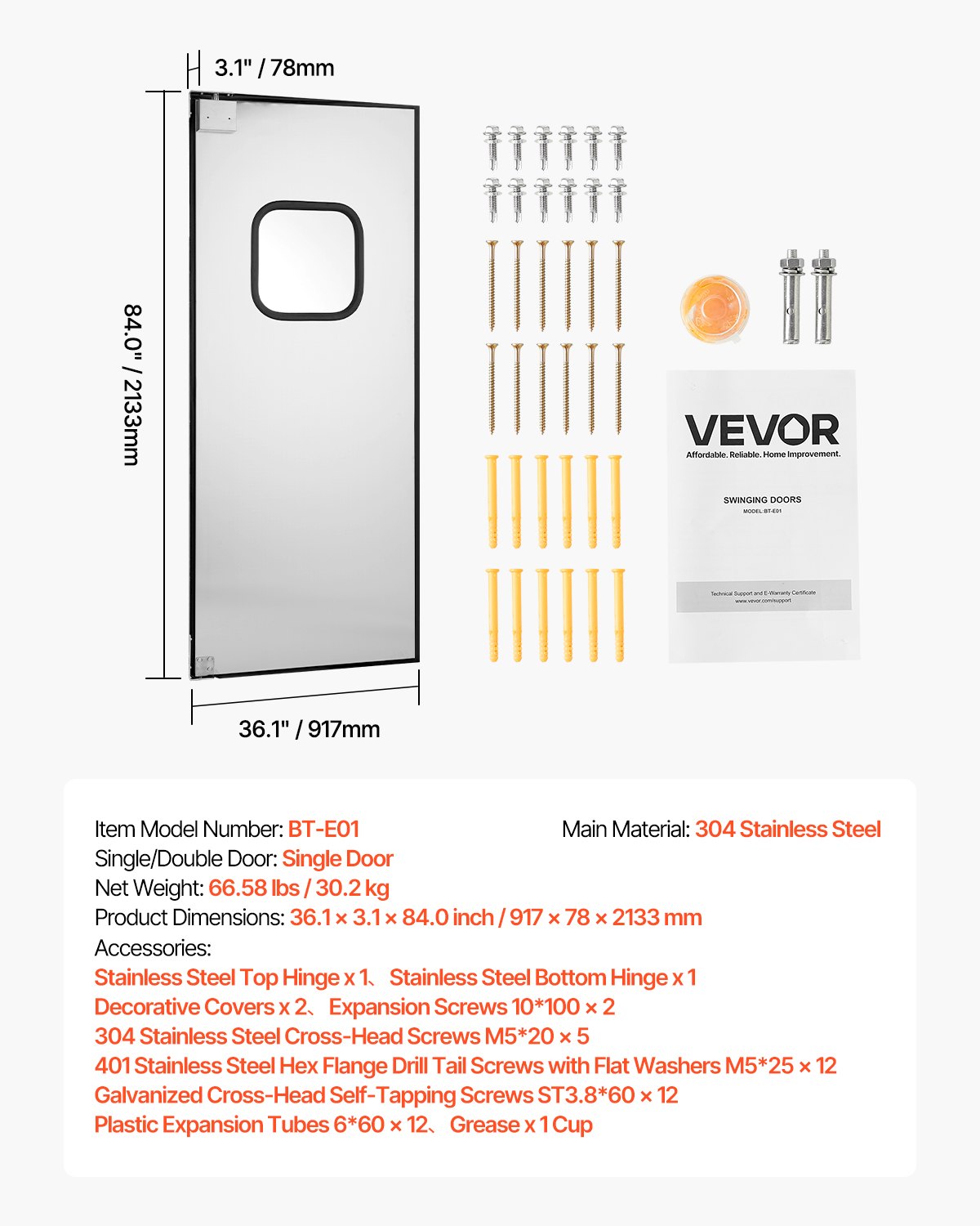 Traffic Swing Door, Single Panel Fits Door Opening 91.4 x 213.4 cm, Stainless Steel Commercial Swinging Doors with Hardware & Accessories, Ideal for Residential Use, Durable & Easy to Install