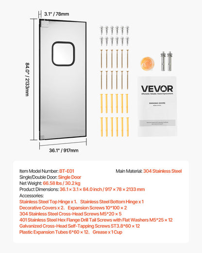 Traffic Swing Door, Single Panel Fits Door Opening 91.4 x 213.4 cm, Stainless Steel Commercial Swinging Doors with Hardware & Accessories, Ideal for Residential Use, Durable & Easy to Install