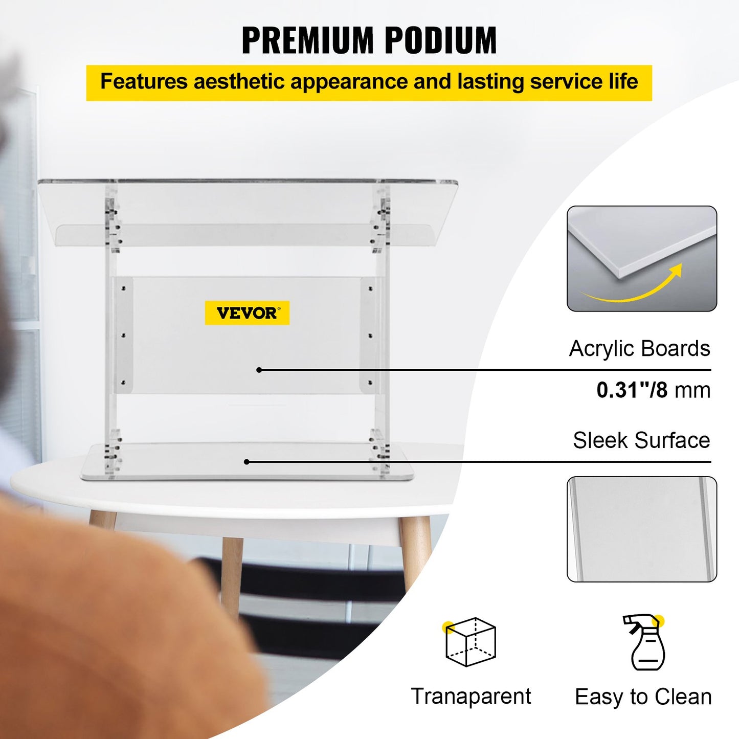 Tischpult aus Acrylglas, 49,5 cm hoch, Plexiglas-Podium, 68,6 x 34,8 cm, Acryl-Rednerpult für Kirchen, schräge Oberfläche mit Buchhalter, transparentes Rednerpult für Vorträge, Rezitationen, Reden und Präsentationen