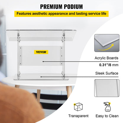 Tischpult aus Acrylglas, 49,5 cm hoch, Plexiglas-Podium, 68,6 x 34,8 cm, Acryl-Rednerpult für Kirchen, schräge Oberfläche mit Buchhalter, transparentes Rednerpult für Vorträge, Rezitationen, Reden und Präsentationen