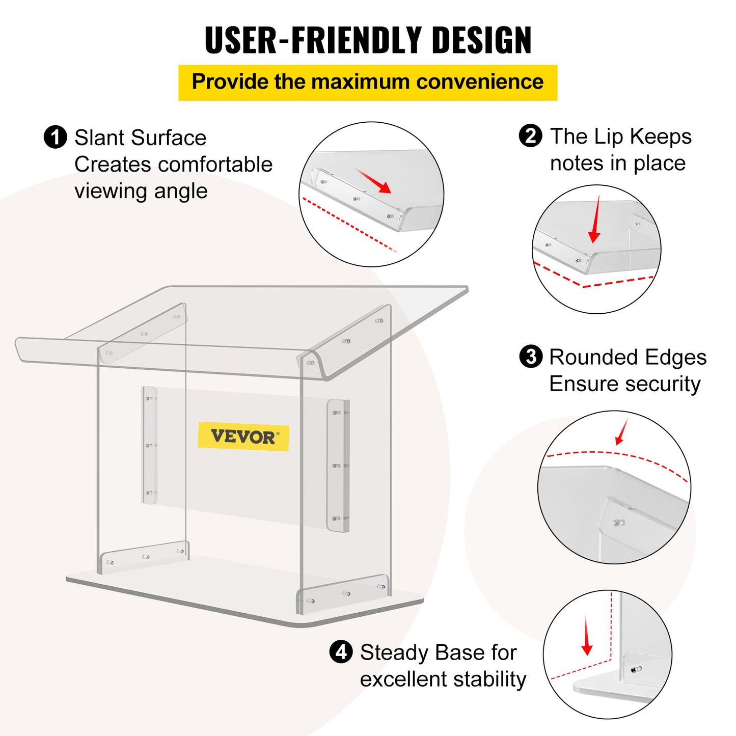 Tischpult aus Acrylglas, 49,5 cm hoch, Plexiglas-Podium, 68,6 x 34,8 cm, Acryl-Rednerpult für Kirchen, schräge Oberfläche mit Buchhalter, transparentes Rednerpult für Vorträge, Rezitationen, Reden und Präsentationen