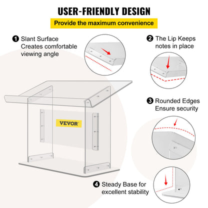 Tischpult aus Acrylglas, 49,5 cm hoch, Plexiglas-Podium, 68,6 x 34,8 cm, Acryl-Rednerpult für Kirchen, schräge Oberfläche mit Buchhalter, transparentes Rednerpult für Vorträge, Rezitationen, Reden und Präsentationen