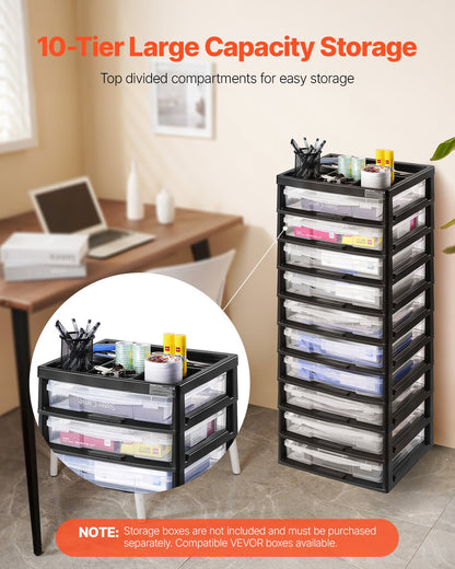 Plastic Storage Organizer, 10-Tier Large Capacity with Organizer Top, Black Frame Only, PP Material Multifunctional Scrapbook Storage, for Office Essentials Tools Arts and Crafts Supplies