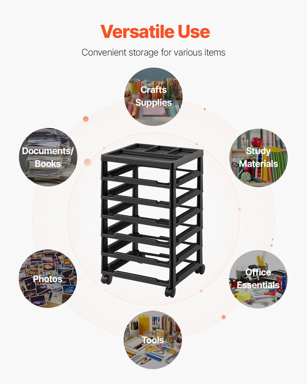 Rollbarer Aufbewahrungswagen für Scrapbooking-Materialien, 6-stöckig, mit großem Fassungsvermögen, Organizer-Aufsatz, schwarzem Gestell und 4 abnehmbaren Rollen, nur PP-Materialwagen, rollbarer Bastelwagen zur Aufbewahrung von Büro- und Bastelbedarf