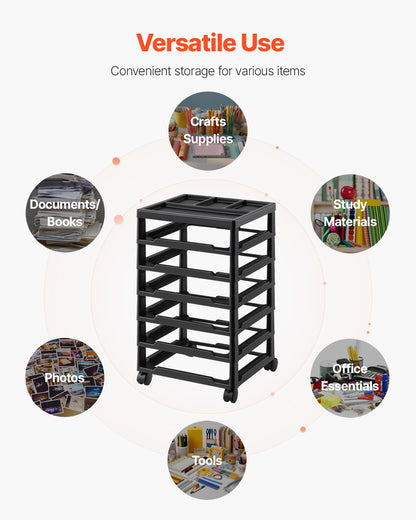 Rollbarer Aufbewahrungswagen für Scrapbooking-Materialien, 6-stöckig, mit großem Fassungsvermögen, Organizer-Aufsatz, schwarzem Gestell und 4 abnehmbaren Rollen, nur PP-Materialwagen, rollbarer Bastelwagen zur Aufbewahrung von Büro- und Bastelbedarf
