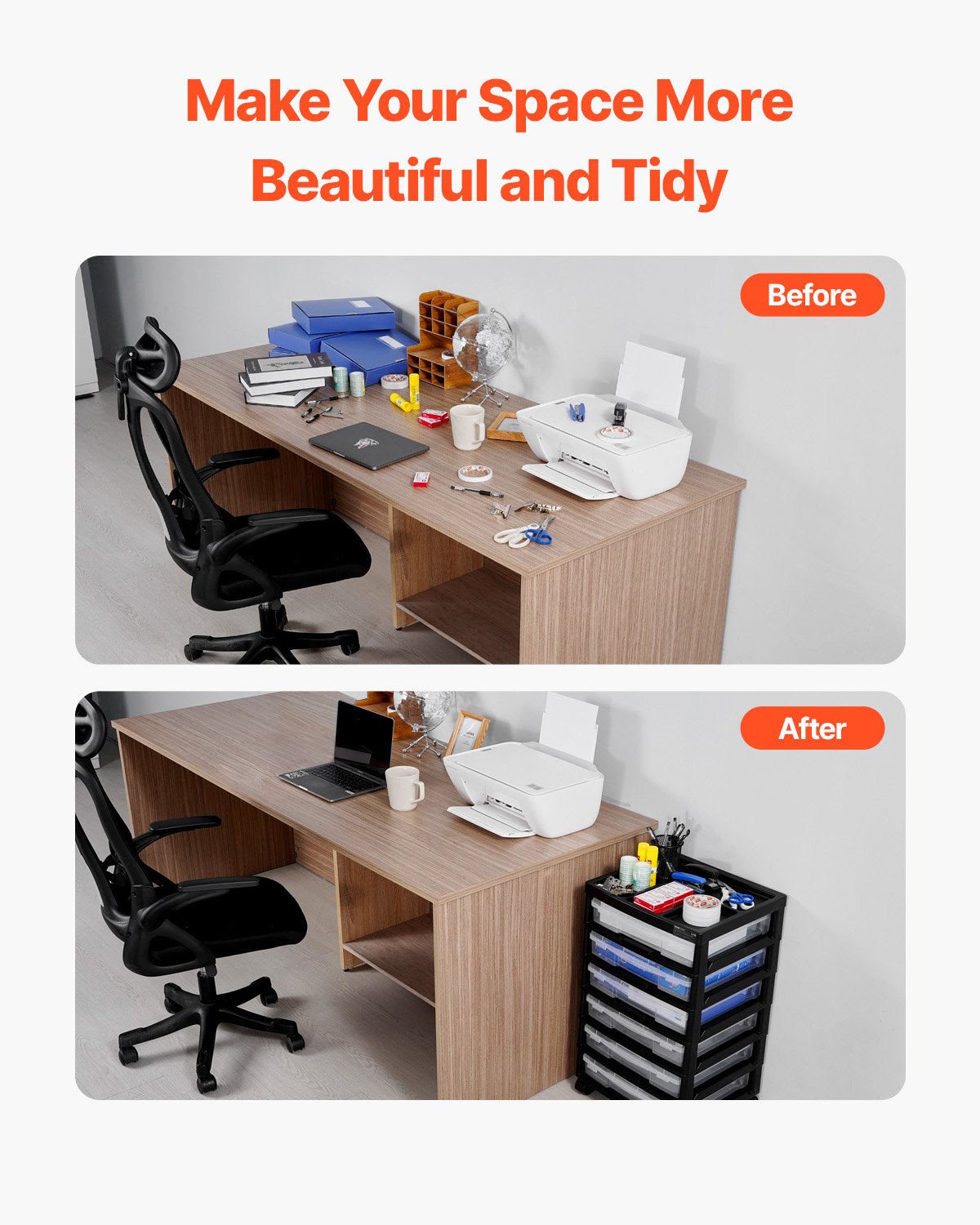 Rollbarer Aufbewahrungswagen für Scrapbooking-Materialien, 6-stöckig, mit Organizer-Aufsatz, schwarzem Gestell, 6 transparenten Fächern und 4 abnehmbaren Rollen. Ideal für Bastelbedarf.