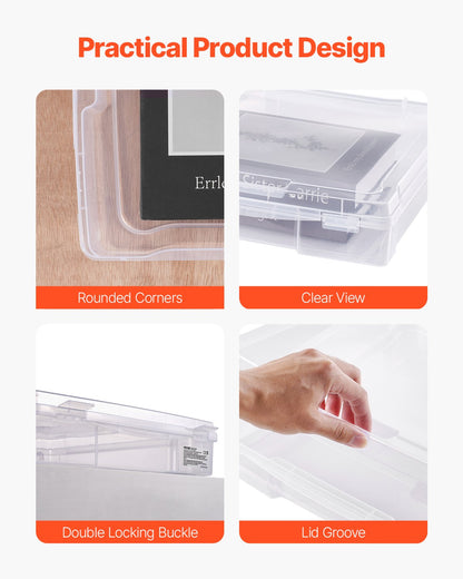 Aufbewahrung für Scrapbook-Papier, 4er-Pack stapelbare Kunststoffboxen für Brettspiele, transparente Mehrzweck-Dokumentenbox mit abgerundeten Ecken und Doppelverschlüssen, für Bürobedarf, Bastelmaterialien