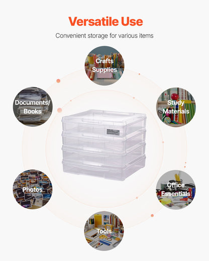 Aufbewahrung für Scrapbook-Papier, 4er-Pack stapelbare Kunststoffboxen für Brettspiele, transparente Mehrzweck-Dokumentenbox mit abgerundeten Ecken und Doppelverschlüssen, für Bürobedarf, Bastelmaterialien