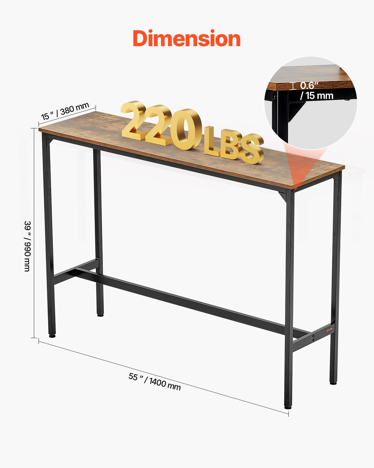 Stehtisch, stabiler Stehtisch mit Metallgestell, schmale, lange Küchentheke, Cocktail-Theke, leicht zu montieren, 140 x 38 x 99 cm, für Wohnzimmerpartys, rustikales Braun und Schwarz