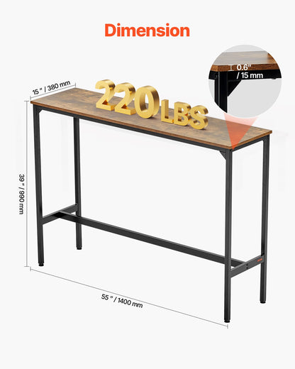 Stehtisch, stabiler Stehtisch mit Metallgestell, schmale, lange Küchentheke, Cocktail-Theke, leicht zu montieren, 140 x 38 x 99 cm, für Wohnzimmerpartys, rustikales Braun und Schwarz