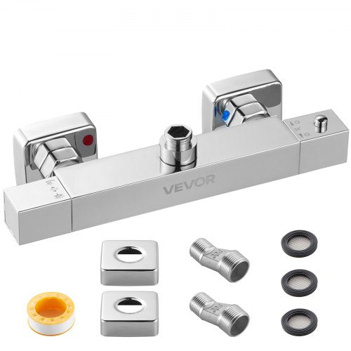 Thermostatic Shower Faucet Valve, 38℃ Secure Lock Thermostatic Shower Faucet Valve, Hot Cold Water Showering Faucets Temperature Control Valves for Bathroom, RV, Hotel, Two Holes & Chrome Silver