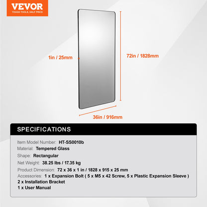 Wandmontierter Kosmetikspiegel, 0,15 Zoll dick, 36 x 72 Zoll großer Spiegel mit Aluminiumlegierungsrahmen und explosionsgeschützter Folie, kratzfester Spiegel mit Z-förmiger Halterung, geeignet für Badezimmer/Schlafzimmer/Wohnzimmer