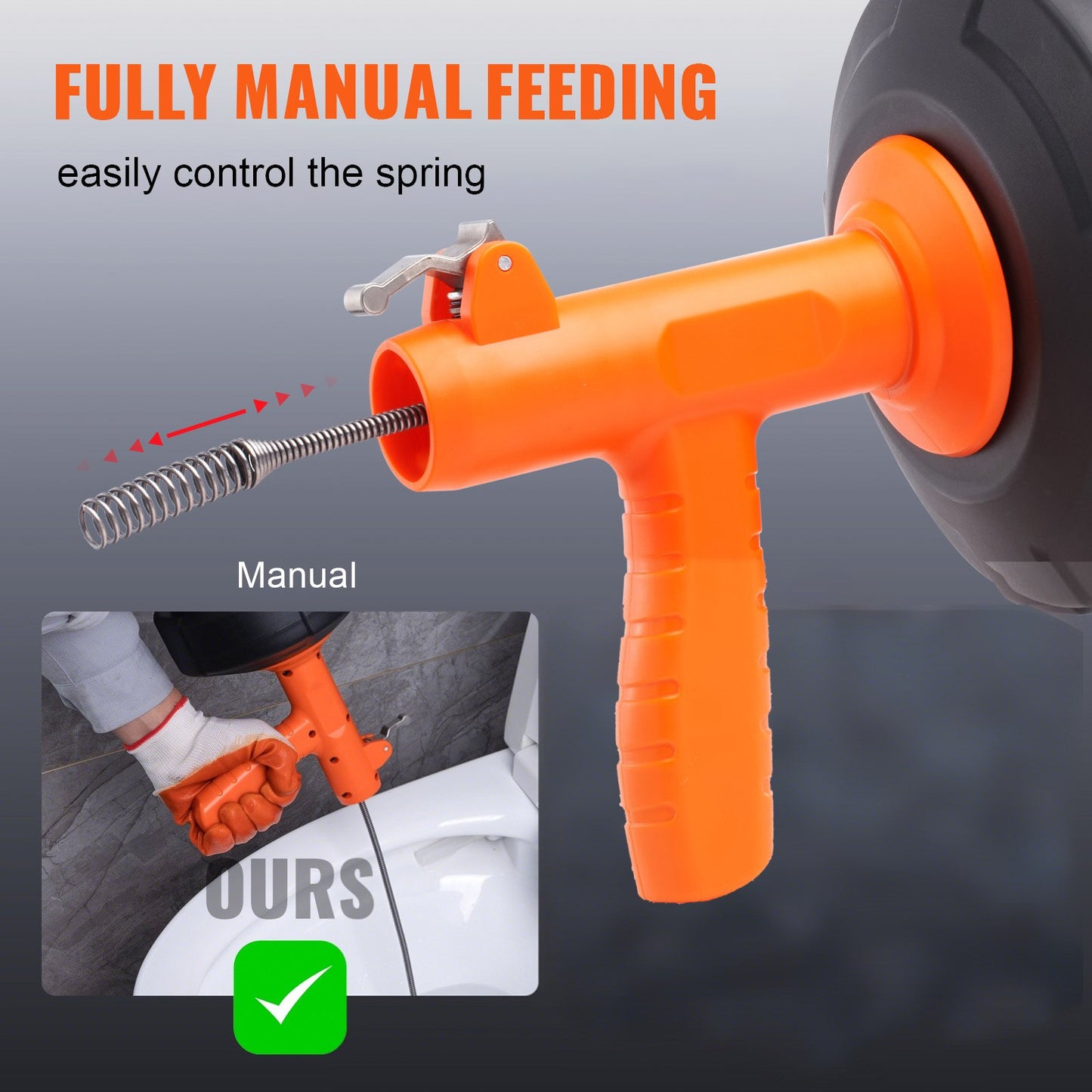 Abflussspirale 762 cm, Rohrreinigungsspirale mit automatischem Vorschub, Rohrreinigungsspirale mit Bohraufsatz, Rohrreinigungsspirale zur Beseitigung von Verstopfungen in Küche, Bad, Dusche und Waschbecken, inklusive Schutzschlauch und Handschuhen