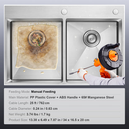 Abflussspirale 762 cm, Rohrreinigungsspirale mit automatischem Vorschub, Rohrreinigungsspirale mit Bohraufsatz, Rohrreinigungsspirale zur Beseitigung von Verstopfungen in Küche, Bad, Dusche und Waschbecken, inklusive Schutzschlauch und Handschuhen