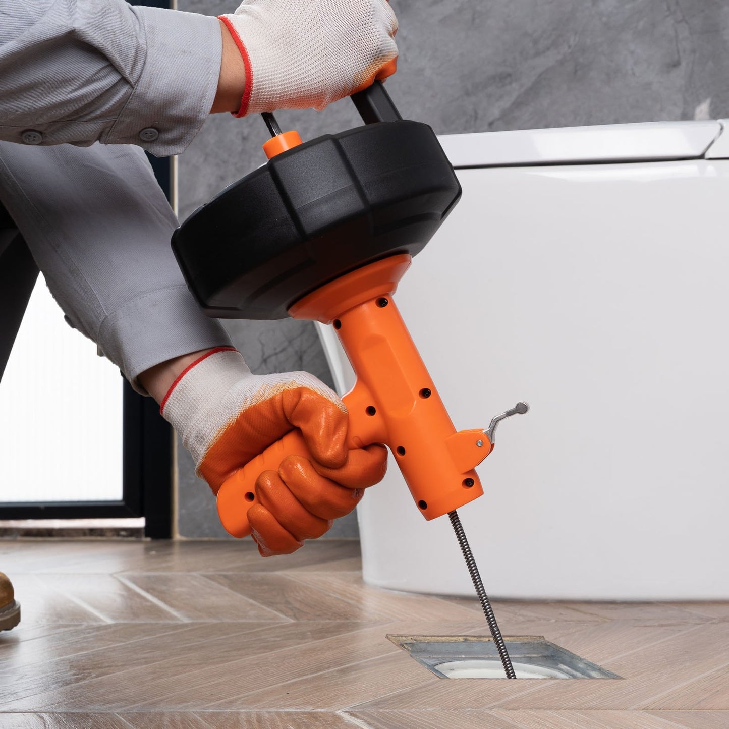 Abflussspirale 762 cm, Rohrreinigungsspirale mit automatischem Vorschub, Rohrreinigungsspirale mit Bohraufsatz, Rohrreinigungsspirale zur Beseitigung von Verstopfungen in Küche, Bad, Dusche und Waschbecken, inklusive Schutzschlauch und Handschuhen