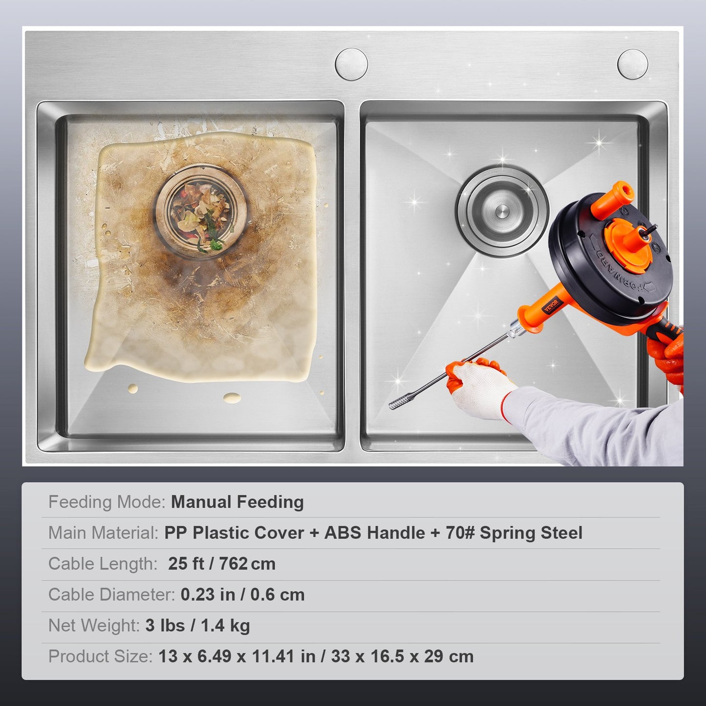 Abflussspirale 762 cm, Rohrreinigungsspirale mit Bohraufsatz, Rohrreinigungsspirale für Küche, Bad, Dusche und Waschbecken, inklusive Schutzschlauch und Handschuhen