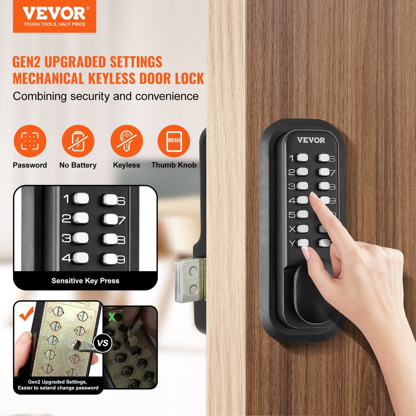 Mechanical Keyless Entry Door Lock, 14 Digit Keypad, Outdoor Gate Door Locks Set with Surface-mounted Latch, Water-proof Zinc Alloy, Keypad and Knob, Easy to Install, for Garden, Yard, Garage