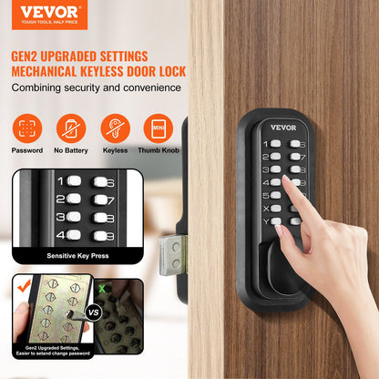 Mechanical Keyless Entry Door Lock, 14 Digit Keypad, Outdoor Gate Door Locks Set with Surface-mounted Latch, Water-proof Zinc Alloy, Keypad and Knob, Easy to Install, for Garden, Yard, Garage