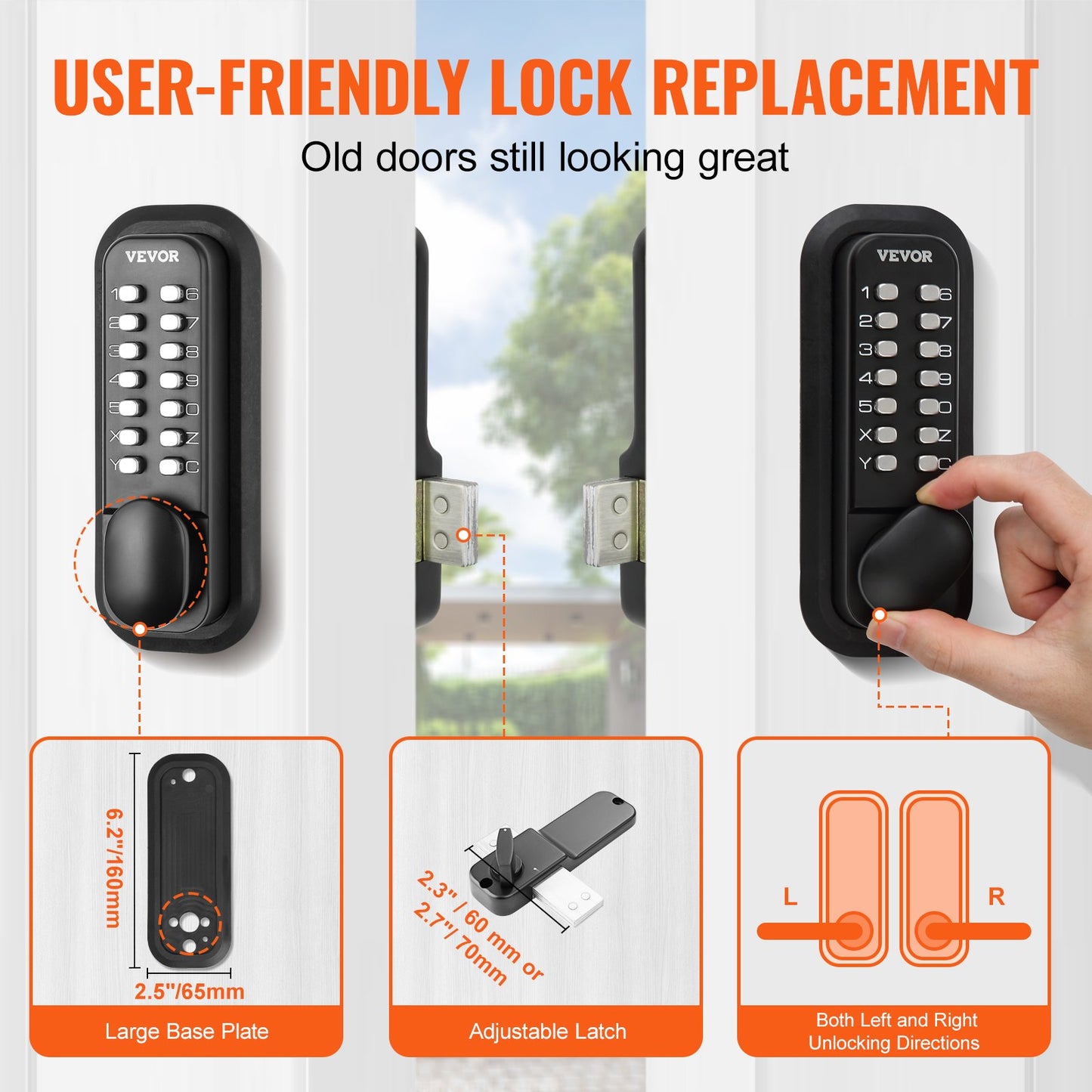 Mechanical Keyless Entry Door Lock, 14 Digit Keypad, Outdoor Gate Door Locks Set with Surface-mounted Latch, Water-proof Zinc Alloy, Keypad and Knob, Easy to Install, for Garden, Yard, Garage