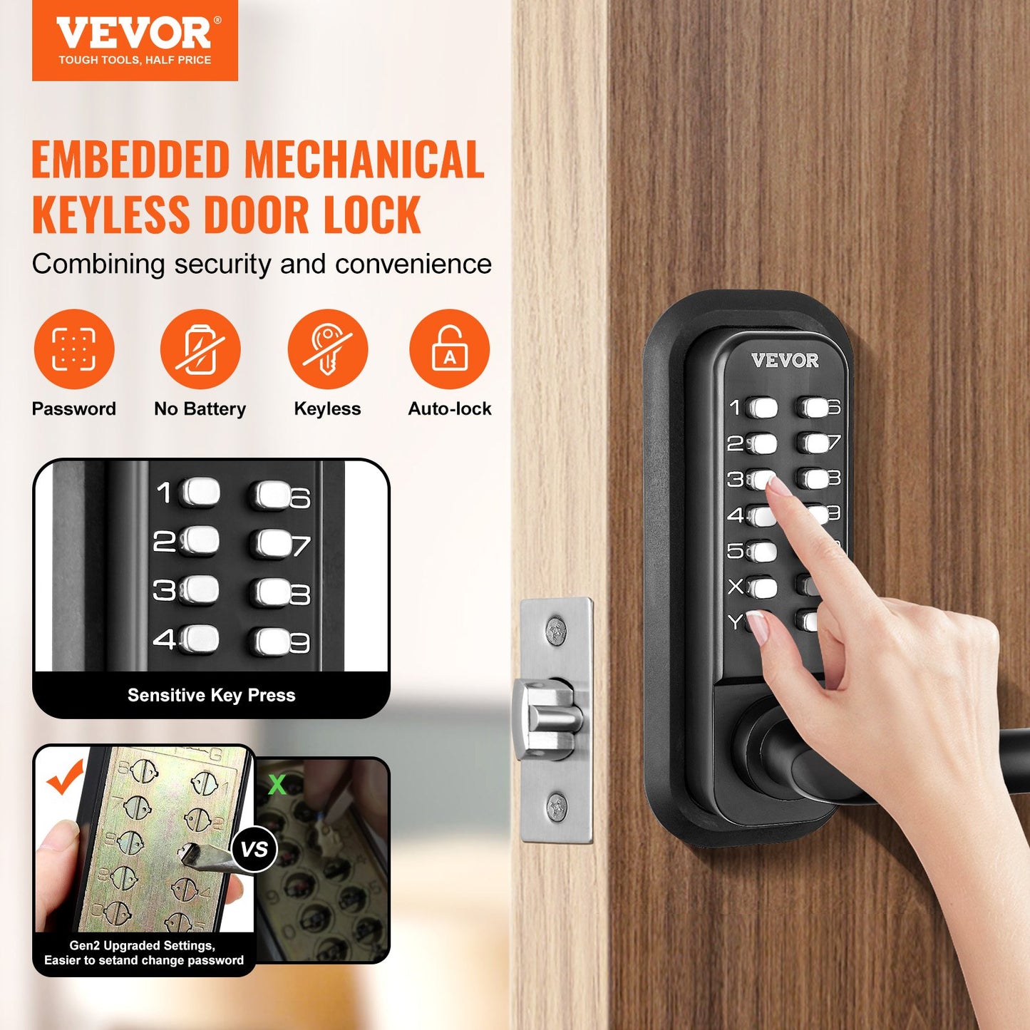 Mechanical Keyless Entry Door Lock, 14 Digit Keypad, Embedded Outdoor Gate Door Locks Set with Keypad and Handle, Water-proof Zinc Alloy, Easy to Install, for Garden, Garage, Storage Shed, Yard