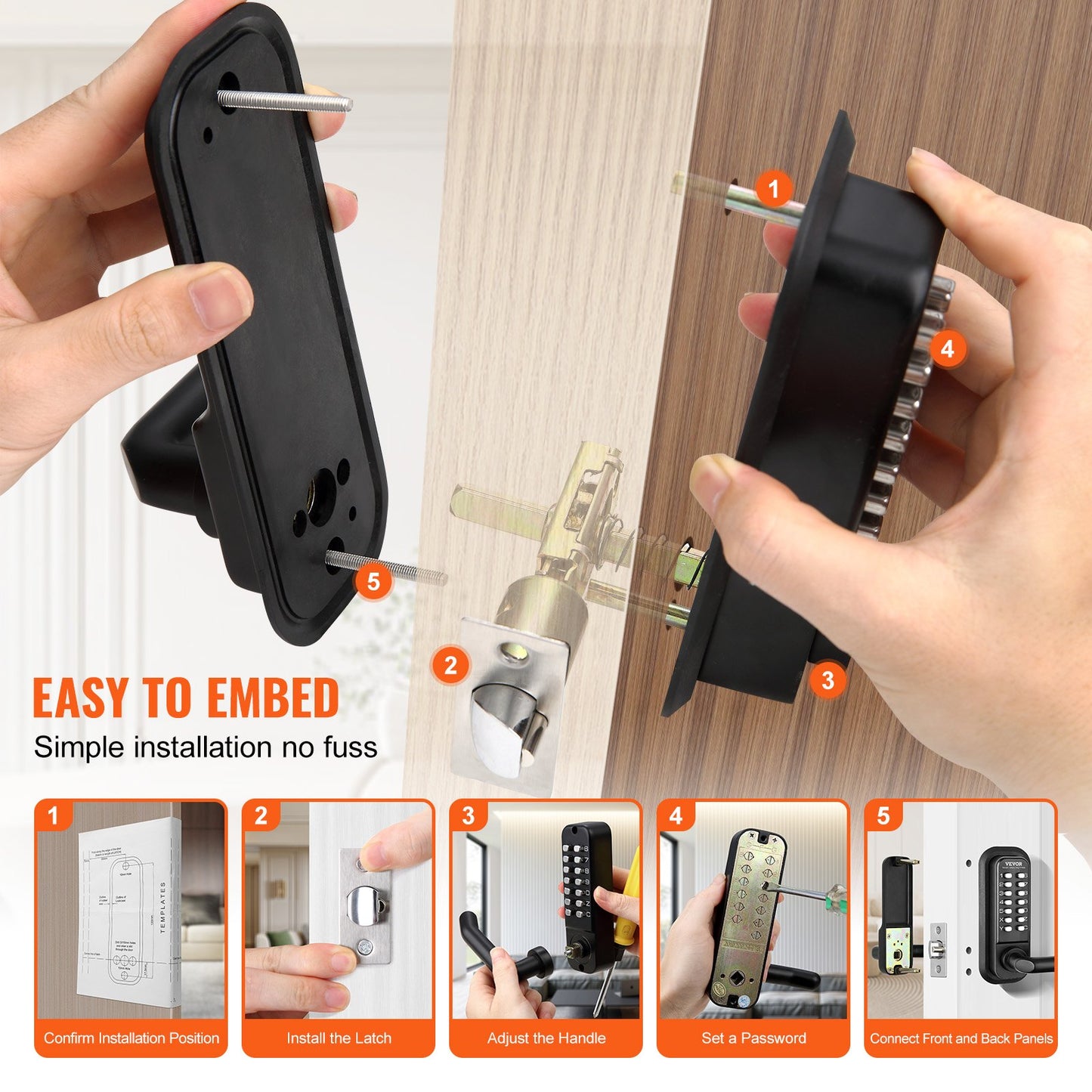 Mechanical Keyless Entry Door Lock, 14 Digit Keypad, Embedded Outdoor Gate Door Locks Set with Keypad and Handle, Water-proof Zinc Alloy, Easy to Install, for Garden, Garage, Storage Shed, Yard