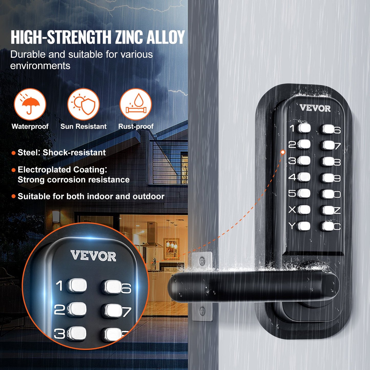 Mechanical Keyless Entry Door Lock, 14 Digit Keypad, Embedded Outdoor Gate Door Locks Set with Keypad and Handle, Water-proof Zinc Alloy, Easy to Install, for Garden, Garage, Storage Shed, Yard