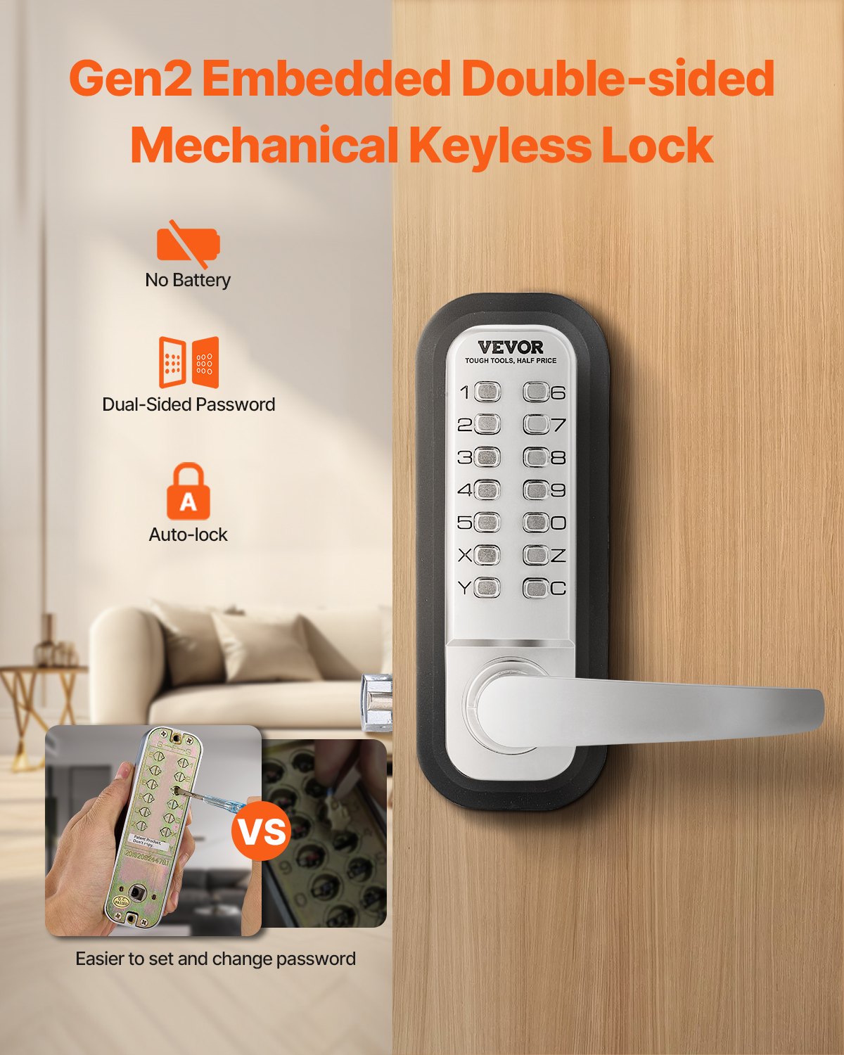 Mechanical Keyless Entry Door Lock, 14 Key Mechanical Door Lock, Mechanical Keypad Door Lock with Handle, Double-Sided Stainless Steel Waterproof Keyless Gate Lock, for Home Office Yard, Sliver