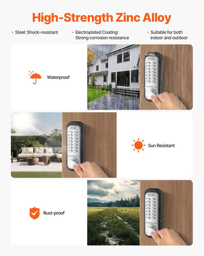 Mechanical Keyless Entry Door Lock, 14 Key Mechanical Door Lock, Mechanical Keypad Door Lock with Handle, Double-Sided Stainless Steel Waterproof Keyless Gate Lock, for Home Office Yard, Sliver