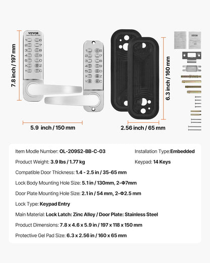 Mechanical Keyless Entry Door Lock, 14 Key Mechanical Door Lock, Mechanical Keypad Door Lock with Handle, Double-Sided Stainless Steel Waterproof Keyless Gate Lock, for Home Office Yard, Sliver