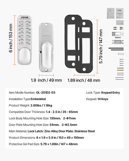 Mechanisches schlüsselloses Türschloss, 14-Tasten-Türschloss, mechanischer Türknauf mit Tastatur, einseitiges, wasserdichtes Edelstahl-Torschloss, für Haus, Büro, Garten, Zaun, Garage und Hof