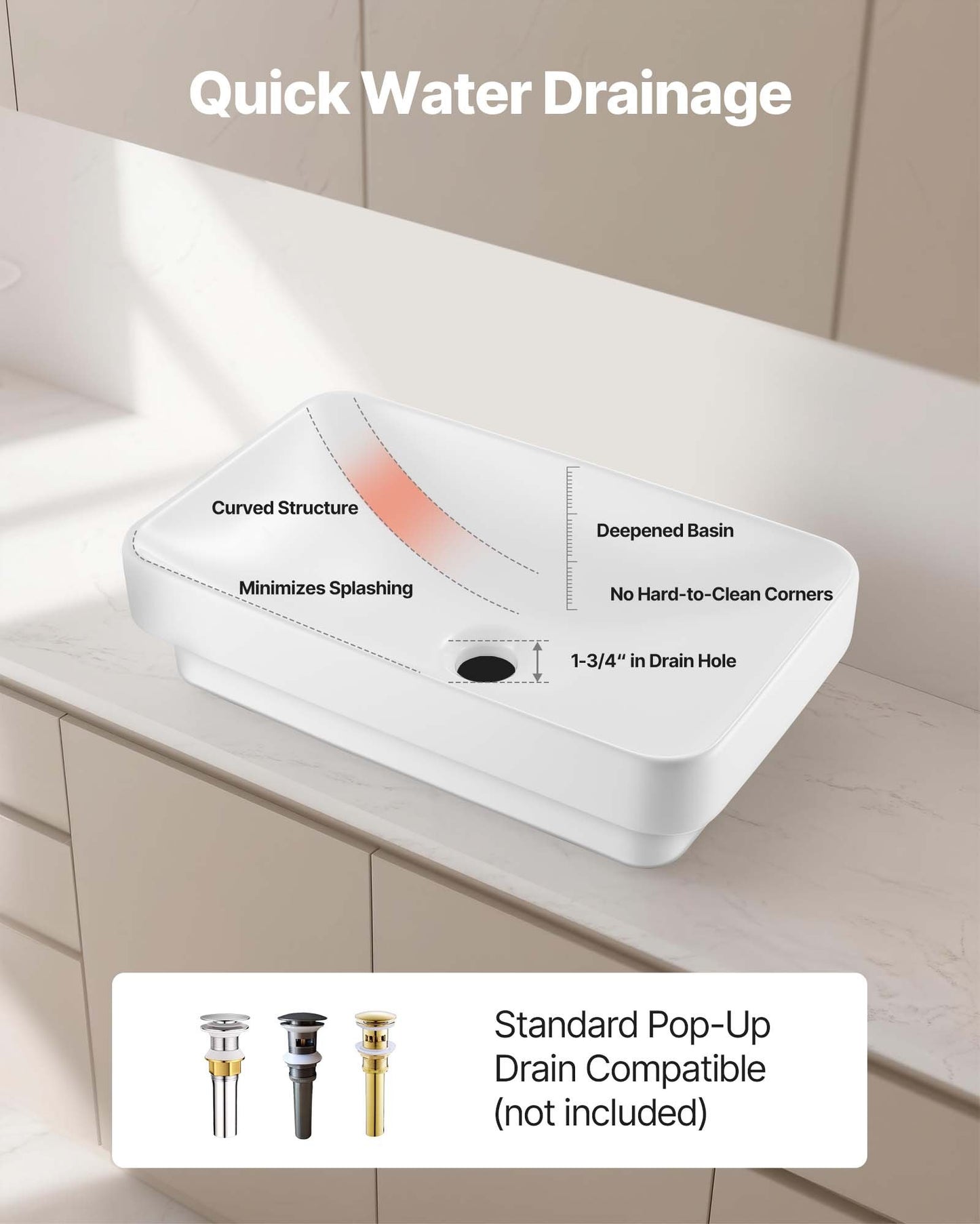 Semi Recessed Bathroom Sink, 490 x 305 mm Rectangular White Ceramic Vessel Sink with 45 mm Drain Hole, Drop in Modern Lavatory Vanity Bath Wash Bowl Basin, Rectangle for Bathroom Small Space
