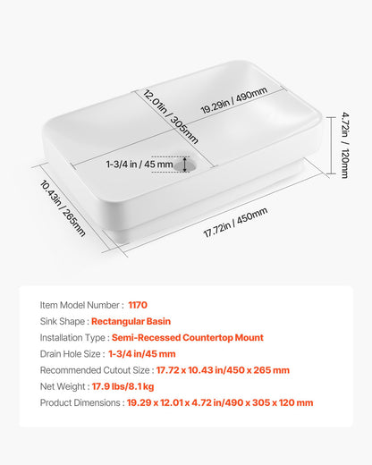 Semi Recessed Bathroom Sink, 490 x 305 mm Rectangular White Ceramic Vessel Sink with 45 mm Drain Hole, Drop in Modern Lavatory Vanity Bath Wash Bowl Basin, Rectangle for Bathroom Small Space