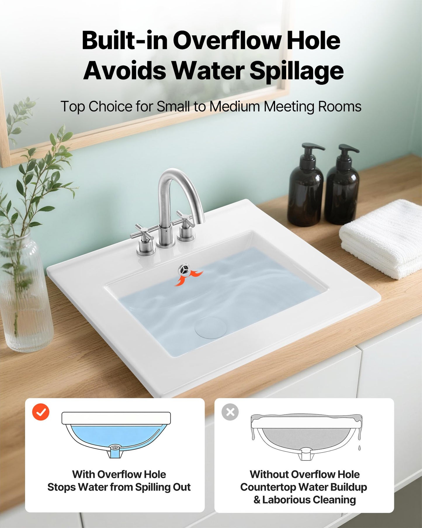 Halbeinbauwaschbecken, 510 x 465 mm, rechteckiges, weißes Keramik-Aufsatzwaschbecken mit Überlauf und 3 Hahnlöchern, modernes Einbauwaschbecken für kleine Badezimmer