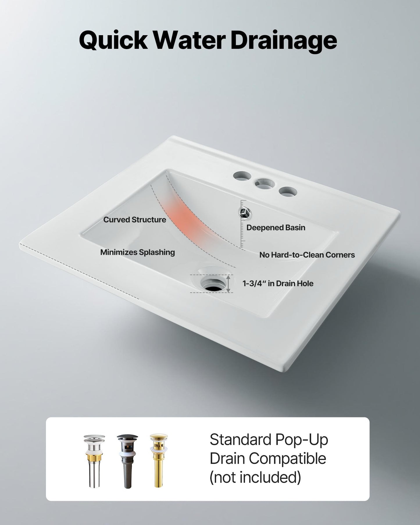 Halbeinbauwaschbecken, 510 x 465 mm, rechteckiges, weißes Keramik-Aufsatzwaschbecken mit Überlauf und 3 Hahnlöchern, modernes Einbauwaschbecken für kleine Badezimmer