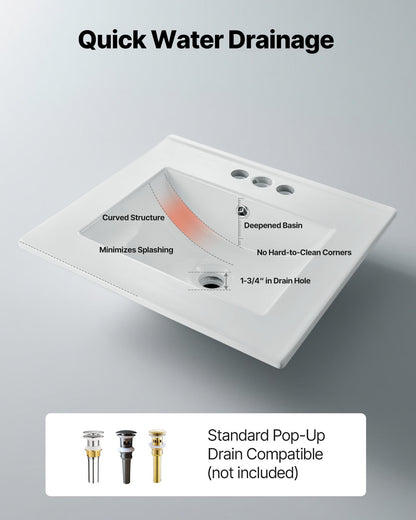 Halbeinbauwaschbecken, 510 x 465 mm, rechteckiges, weißes Keramik-Aufsatzwaschbecken mit Überlauf und 3 Hahnlöchern, modernes Einbauwaschbecken für kleine Badezimmer