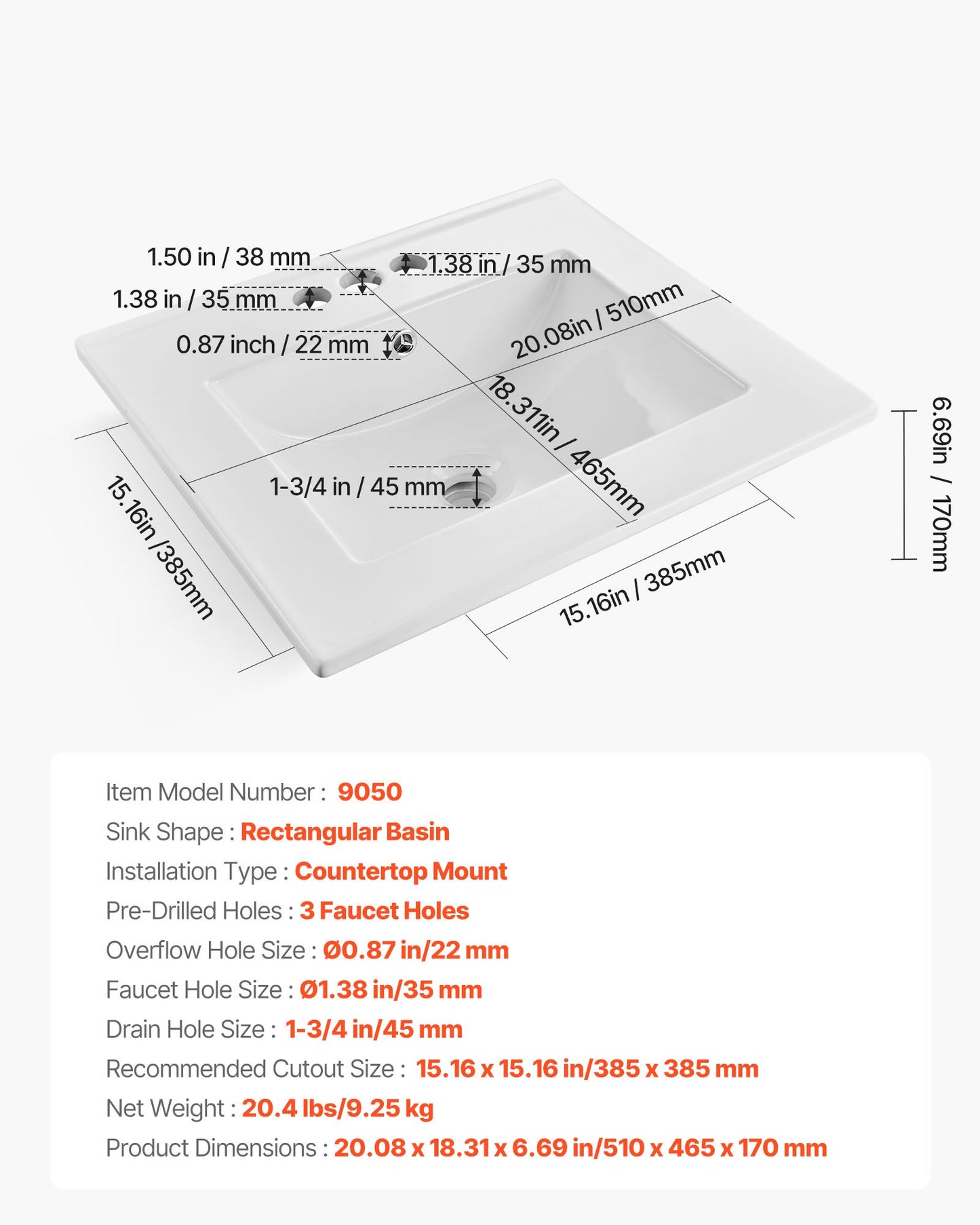 Halbeinbauwaschbecken, 510 x 465 mm, rechteckiges, weißes Keramik-Aufsatzwaschbecken mit Überlauf und 3 Hahnlöchern, modernes Einbauwaschbecken für kleine Badezimmer
