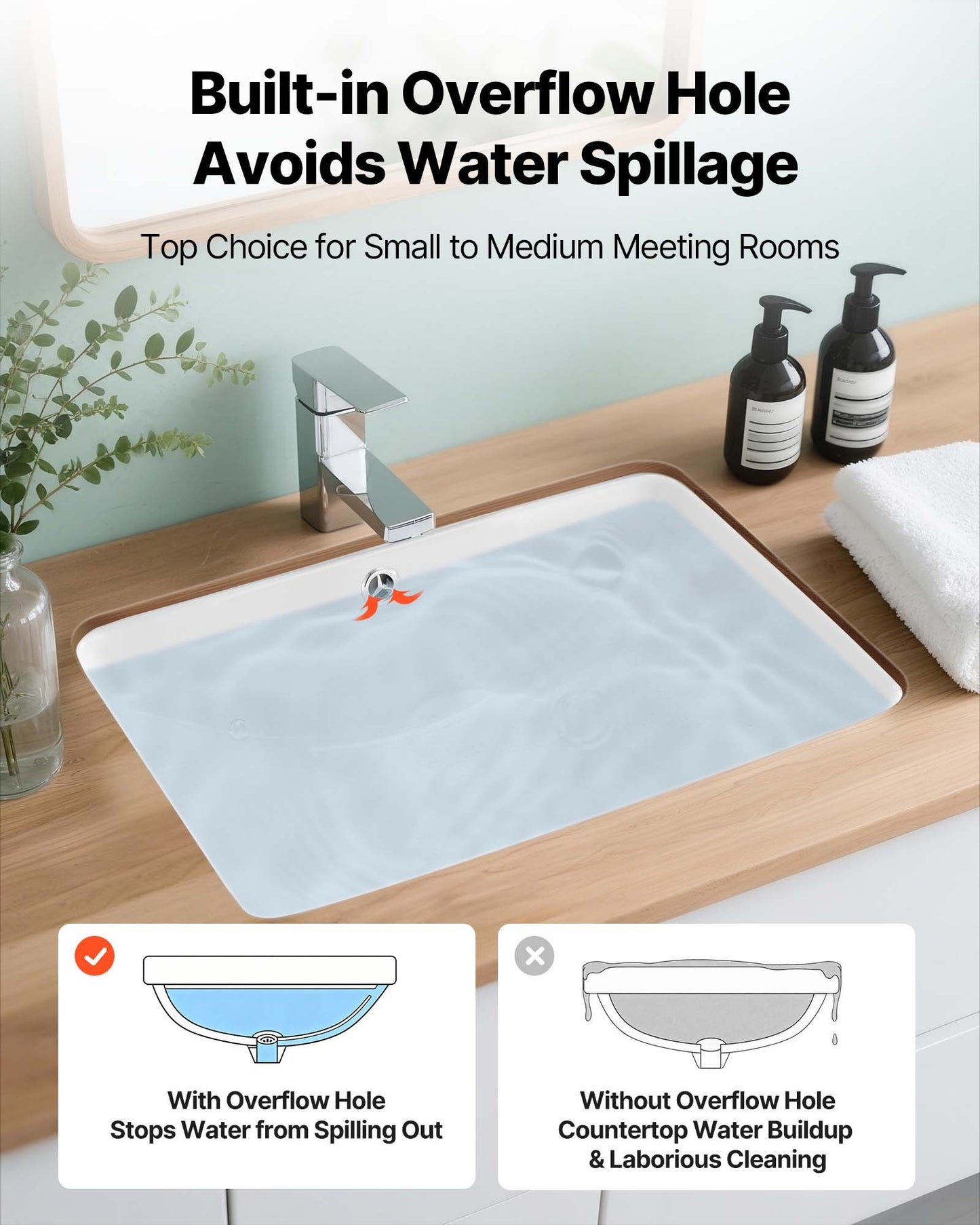 Unterbau-Waschbecken, 530 x 375 mm, rechteckiges, weißes Keramik-Aufsatzwaschbecken mit Überlauf, modernes Unterbau-Waschbecken für Badezimmer, rechteckig für kleine Räume