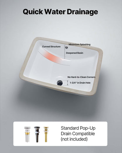 Unterbau-Waschbecken, 530 x 375 mm, rechteckiges, weißes Keramik-Aufsatzwaschbecken mit Überlauf, modernes Unterbau-Waschbecken für Badezimmer, rechteckig für kleine Räume