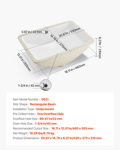 Unterbau-Waschbecken, 530 x 375 mm, rechteckiges, weißes Keramik-Aufsatzwaschbecken mit Überlauf, modernes Unterbau-Waschbecken für Badezimmer, rechteckig für kleine Räume