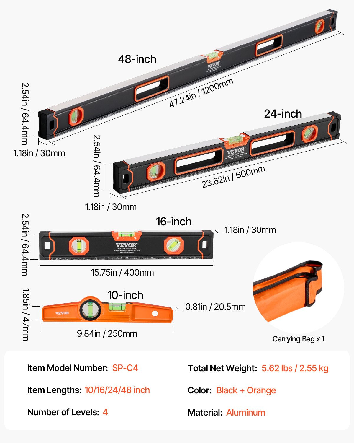 4-teiliges Torpedo-Wasserwaagen-Set, 48/24/16/10 Zoll, komplett magnetisch, mit fluoreszierender Libelle für 45/90/180 Grad, magnetischer Wasserwaagenkasten aus Aluminiumlegierung, SAE- und metrische Skala