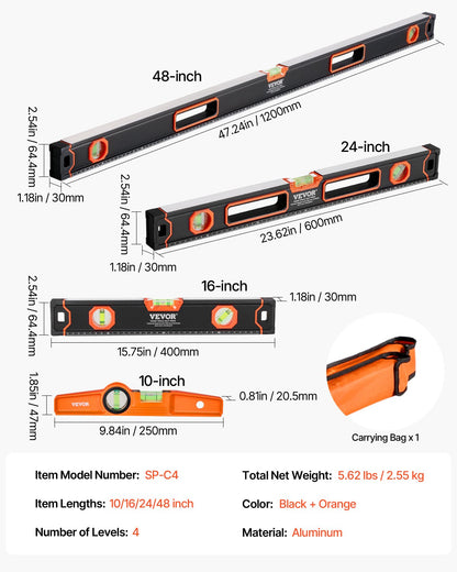 4-teiliges Torpedo-Wasserwaagen-Set, 48/24/16/10 Zoll, komplett magnetisch, mit fluoreszierender Libelle für 45/90/180 Grad, magnetischer Wasserwaagenkasten aus Aluminiumlegierung, SAE- und metrische Skala